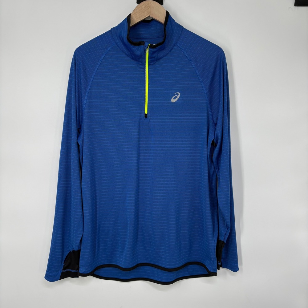 Asics Mens Blue Striped Quarter Zip Running Pullover Long Sleeve L Reflective